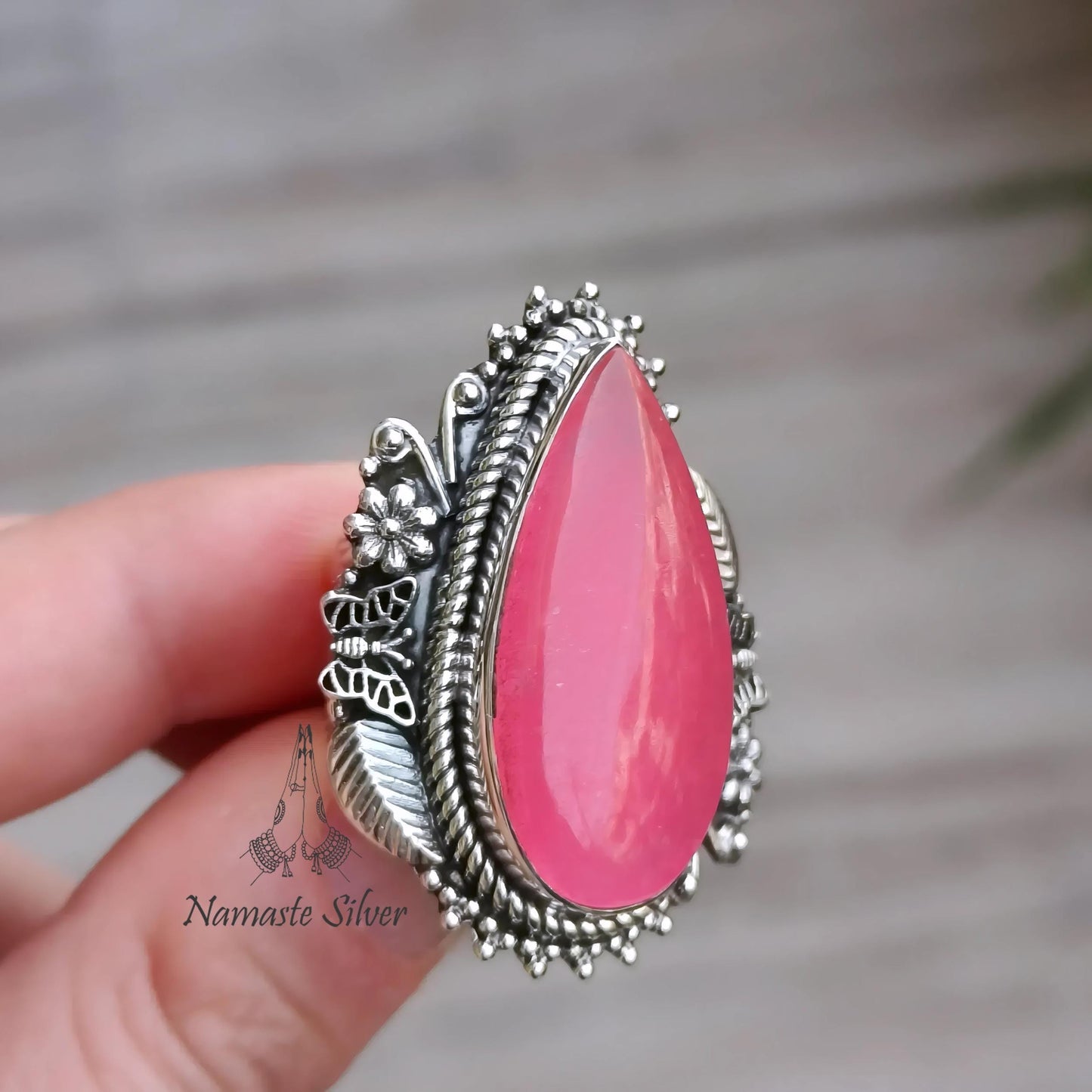 Pink Jade Ring, 925 Sterling Silver Statement Promise Chunky Ring, Pink Jade Pear Shape Gemstone Handmade Boho Jewelry, Unique Gift for her