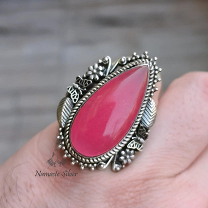 Pink Jade Ring, 925 Sterling Silver Statement Promise Chunky Ring, Pink Jade Pear Shape Gemstone Handmade Boho Jewelry, Unique Gift for her