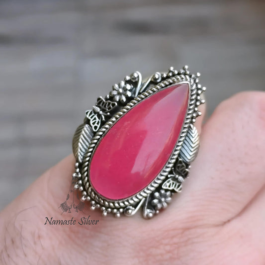Pink Jade Ring, 925 Sterling Silver Statement Promise Chunky Ring, Pink Jade Pear Shape Gemstone Handmade Boho Jewelry, Unique Gift for her