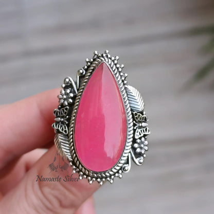 Pink Jade Ring, 925 Sterling Silver Statement Promise Chunky Ring, Pink Jade Pear Shape Gemstone Handmade Boho Jewelry, Unique Gift for her