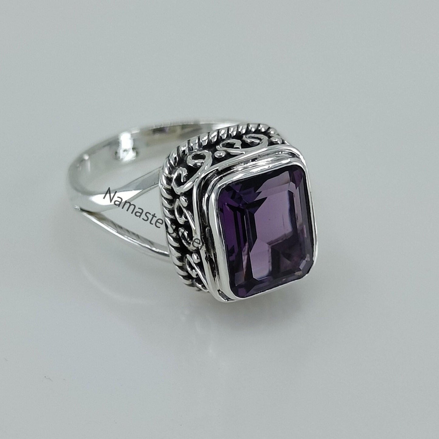 Amethyst Ring, 925 Sterling Silver promise Ring, Natural Purple Emerald Cut Gemstone Handmade Jewelry, February Birthstone, Gift for Her