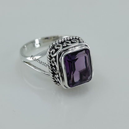 Amethyst Ring, 925 Sterling Silver promise Ring, Natural Purple Emerald Cut Gemstone Handmade Jewelry, February Birthstone, Gift for Her