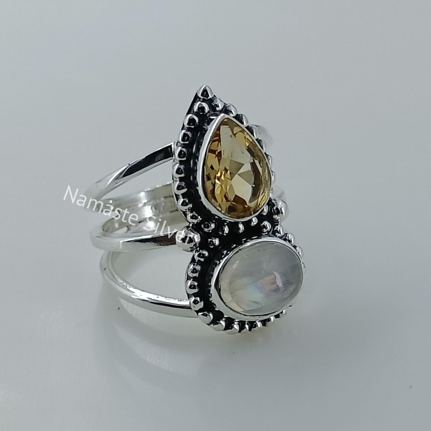 Citrine, Rainbow Moonstone Ring, 925 Sterling Silver Promise Ring, Natural Dual Gemstone Handmade Jewelry, November Birthstone, Gift for Her