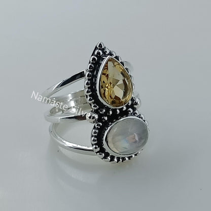 Citrine, Rainbow Moonstone Ring, 925 Sterling Silver Promise Ring, Natural Dual Gemstone Handmade Jewelry, November Birthstone, Gift for Her