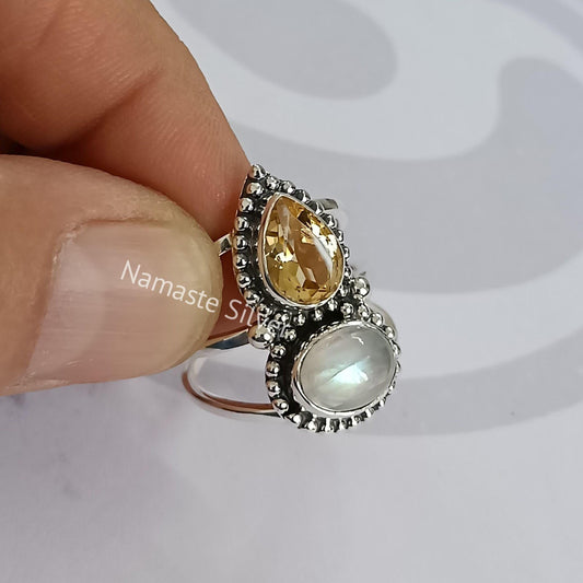 Citrine, Rainbow Moonstone Ring, 925 Sterling Silver Promise Ring, Natural Dual Gemstone Handmade Jewelry, November Birthstone, Gift for Her