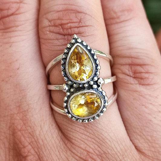 Citrine Ring, 925 Sterling Silver Statement Promise Ring, Natural Citrine Dual Gemstone Handmade Jewelry, November Birthstone, Gift for her
