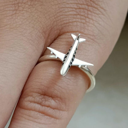 Sterling Silver Airplane Ring, Unique Aviation Jewelry, Handmade Minimalist Promise Ring, Air Travel Gift for Her, Dainty Aeroplane Jewelry