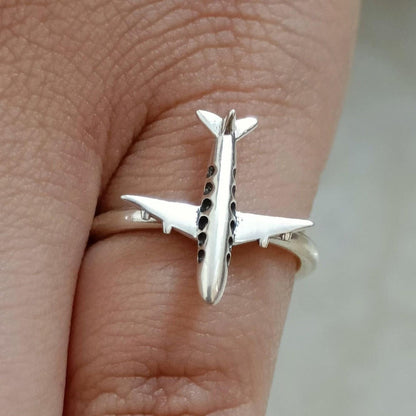 Sterling Silver Airplane Ring, Unique Aviation Jewelry, Handmade Minimalist Promise Ring, Air Travel Gift for Her, Dainty Aeroplane Jewelry