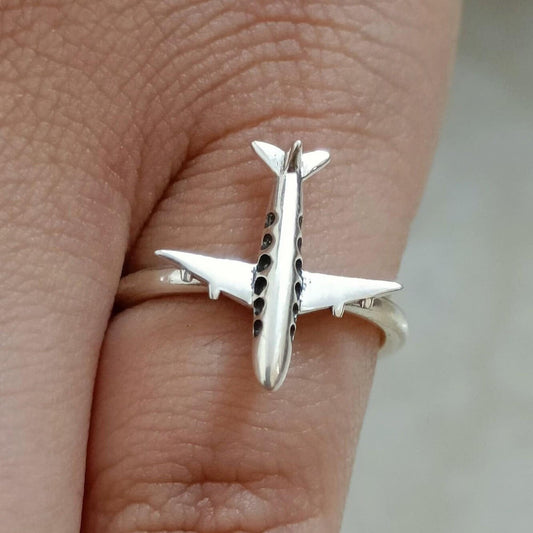 Sterling Silver Airplane Ring, Unique Aviation Jewelry, Handmade Minimalist Promise Ring, Air Travel Gift for Her, Dainty Aeroplane Jewelry