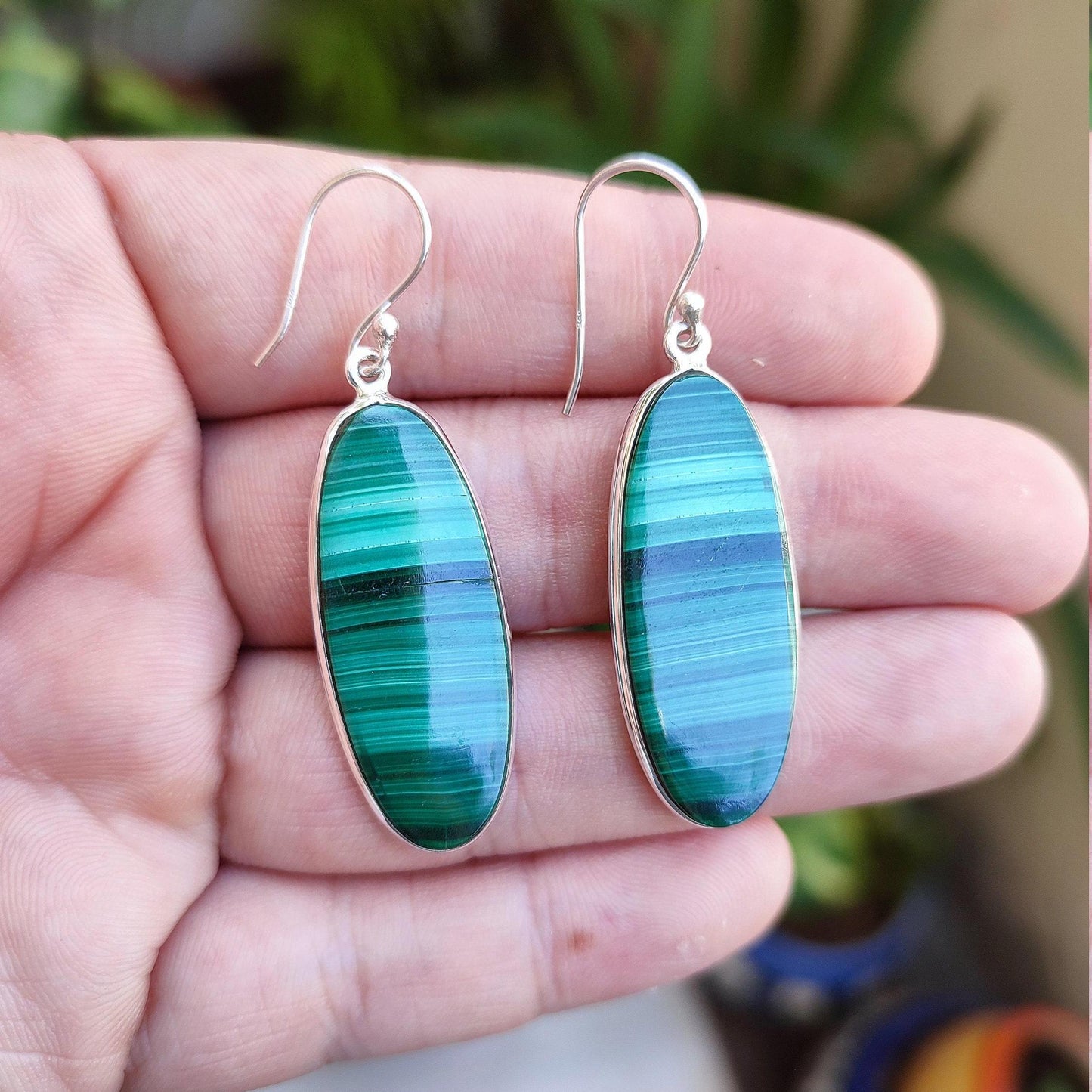 Malachite Earrings 925 Sterling Silver Dangle Drop Earrings, Natural Green Malachite Oval Handmade Gemstone Jewelry, Elegant Gift for Her