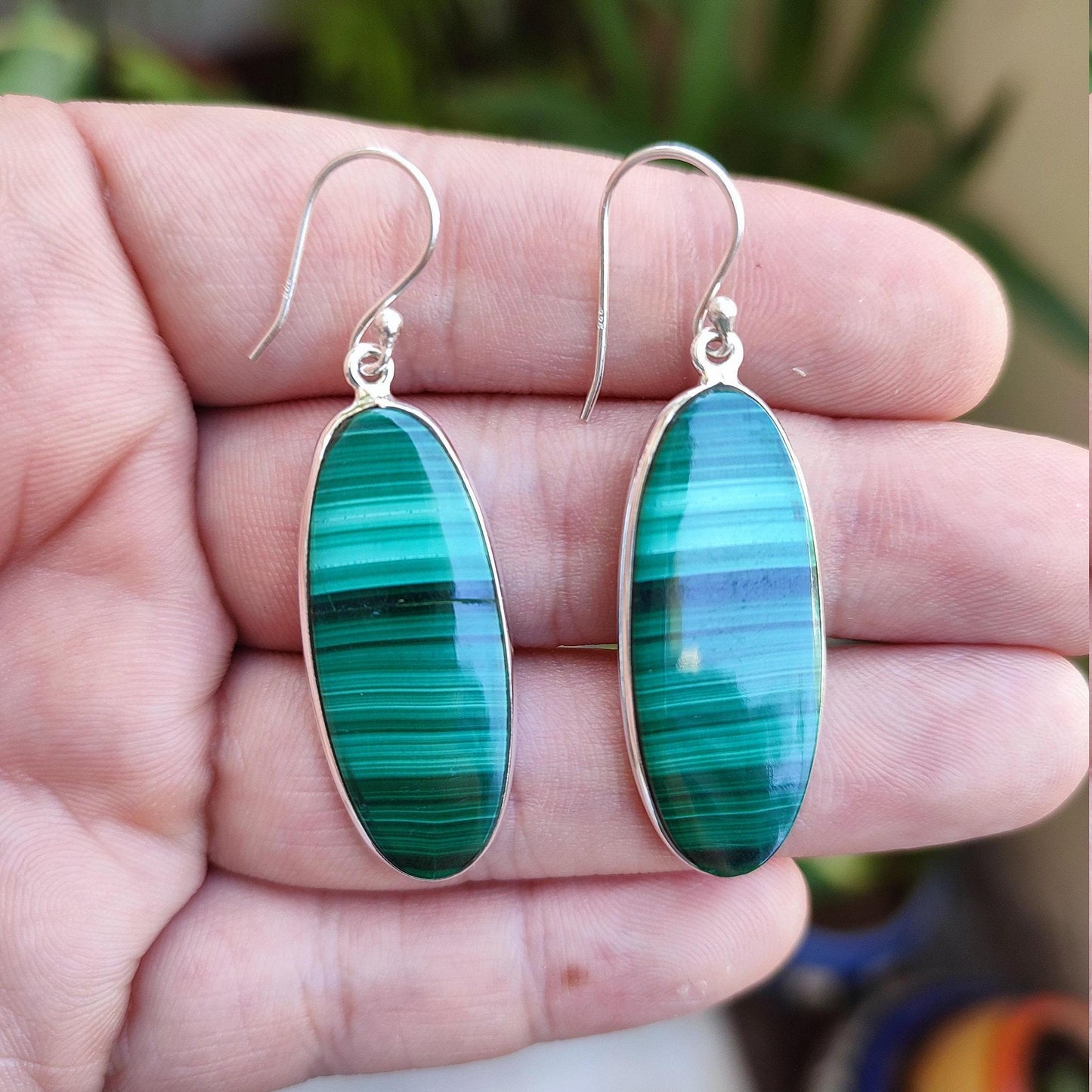Malachite Earrings 925 Sterling Silver Dangle Drop Earrings, Natural Green Malachite Oval Handmade Gemstone Jewelry, Elegant Gift for Her