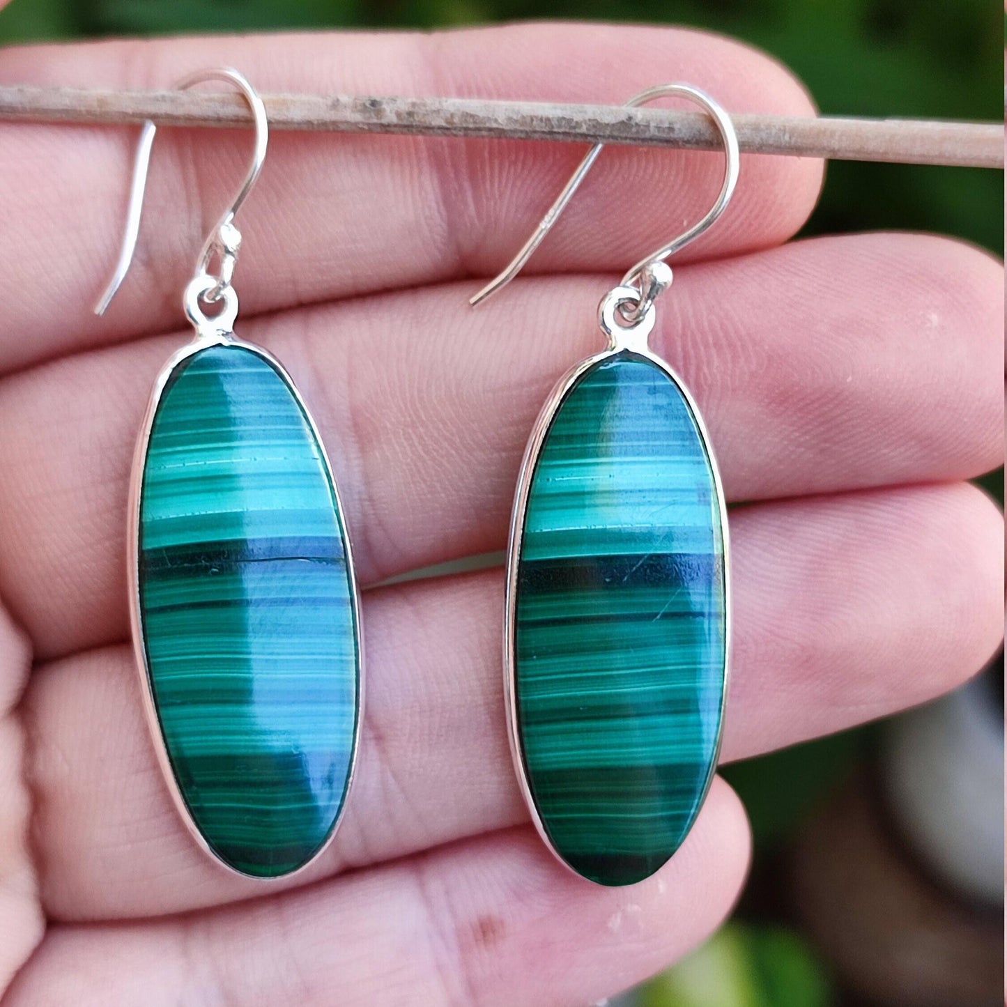Malachite Earrings 925 Sterling Silver Dangle Drop Earrings, Natural Green Malachite Oval Handmade Gemstone Jewelry, Elegant Gift for Her