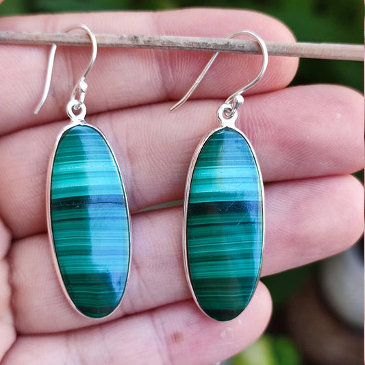 Malachite Earrings 925 Sterling Silver Dangle Drop Earrings, Natural Green Malachite Oval Handmade Gemstone Jewelry, Elegant Gift for Her
