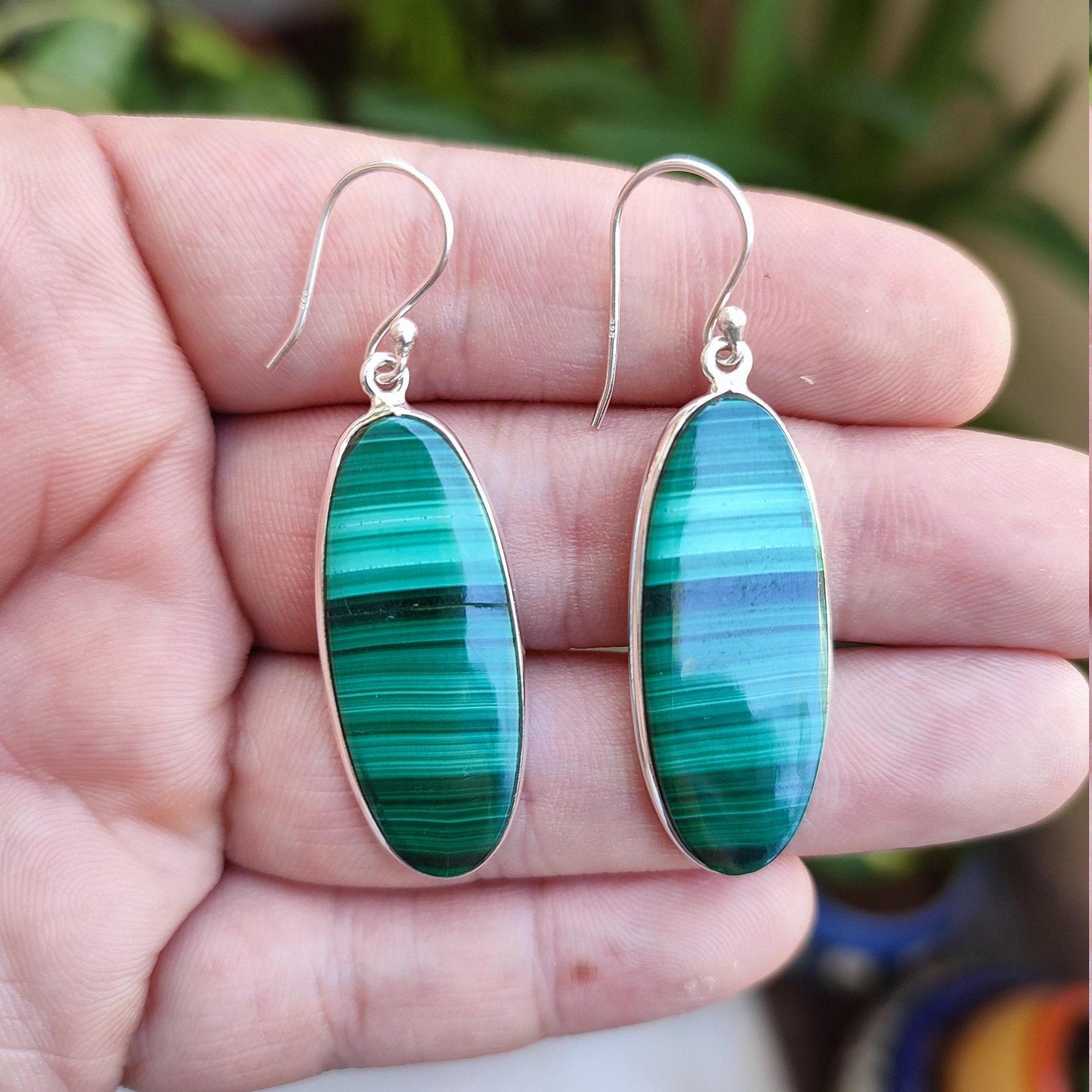Malachite Earrings 925 Sterling Silver Dangle Drop Earrings, Natural Green Malachite Oval Handmade Gemstone Jewelry, Elegant Gift for Her