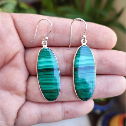 Malachite Earrings 925 Sterling Silver Dangle Drop Earrings, Natural Green Malachite Oval Handmade Gemstone Jewelry, Elegant Gift for Her