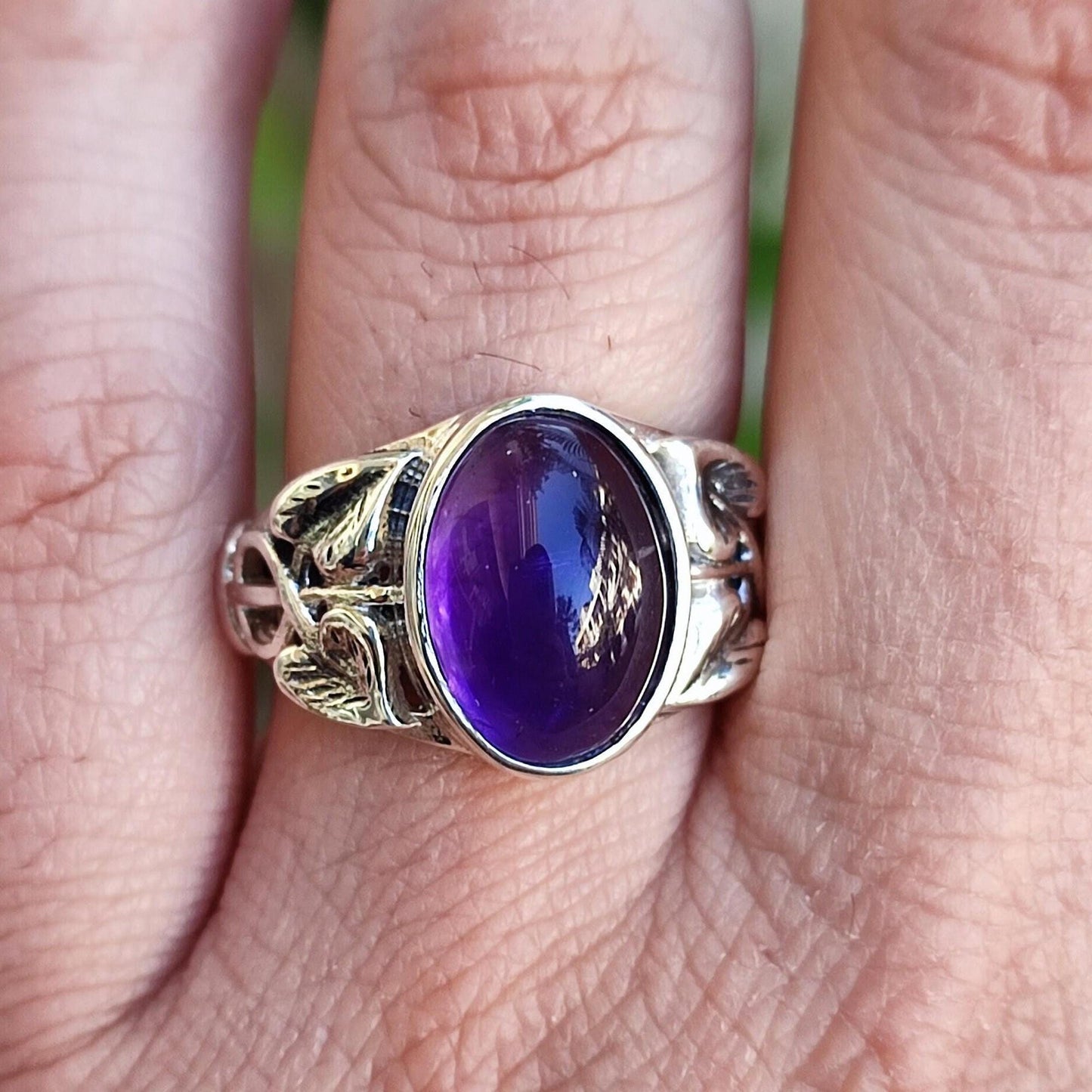 Amethyst Ring, 925 Sterling Silver Handmade Statement Leaf Ring, Natural Purple Gemstone Oval Boho Jewelry, February Birthstone Gift for her