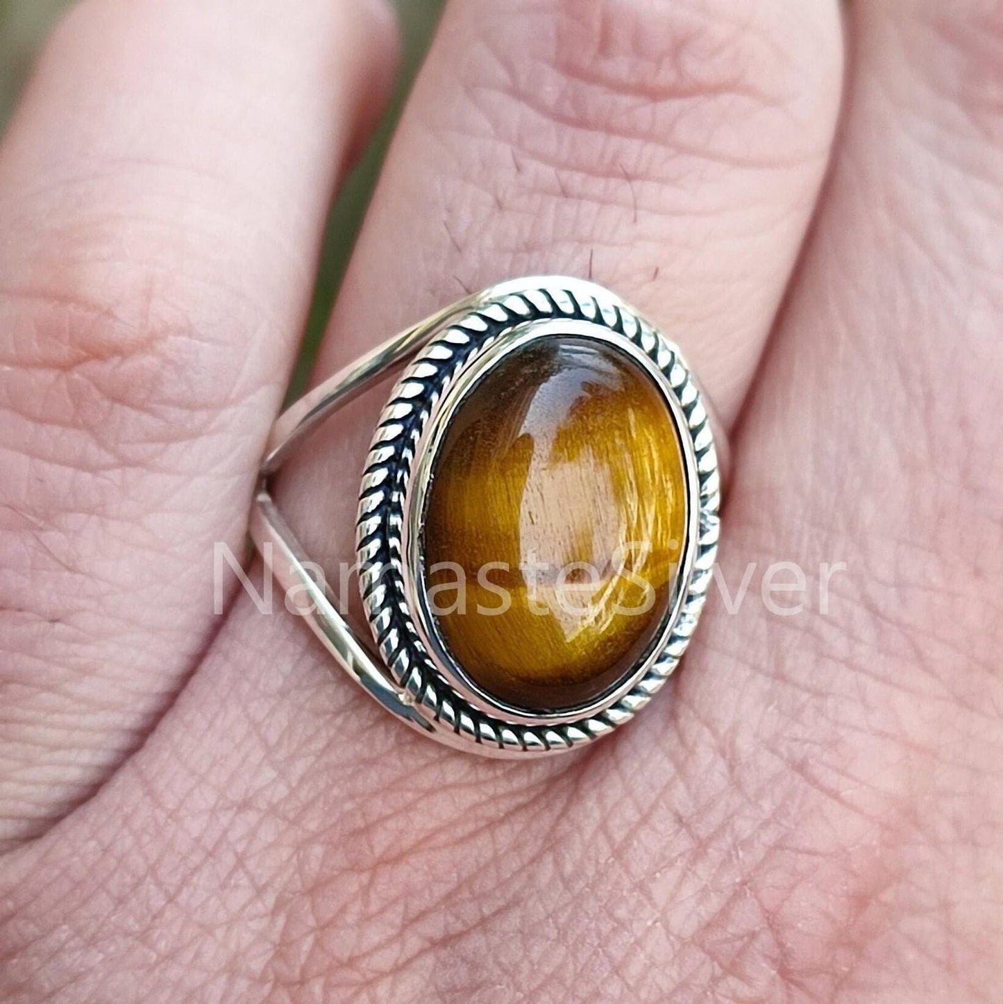Tiger Eye Ring, 925 Sterling Silver Statement Promise Ring, Natural Tiger's Eye Oval Gemstone Handmade Jewelry, June Birthstone Gift for her