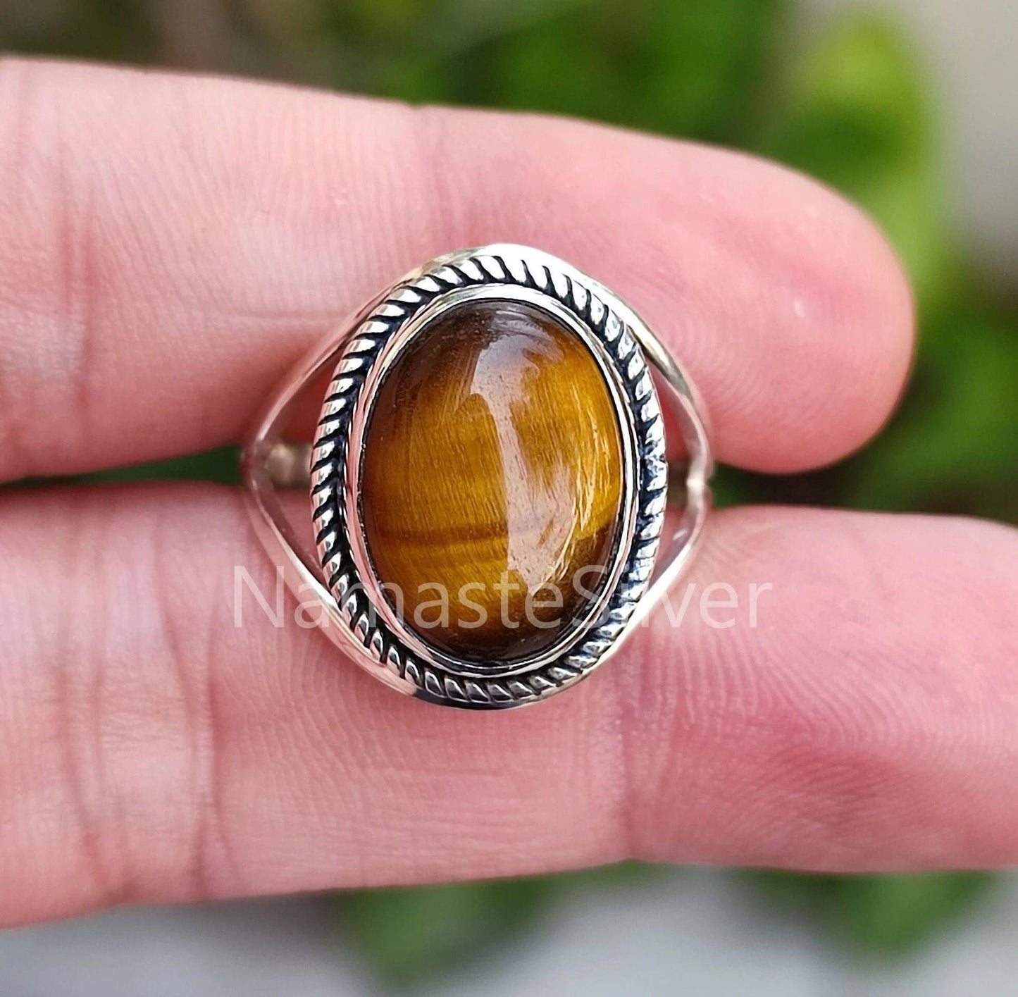 Tiger Eye Ring, 925 Sterling Silver Statement Promise Ring, Natural Tiger's Eye Oval Gemstone Handmade Jewelry, June Birthstone Gift for her
