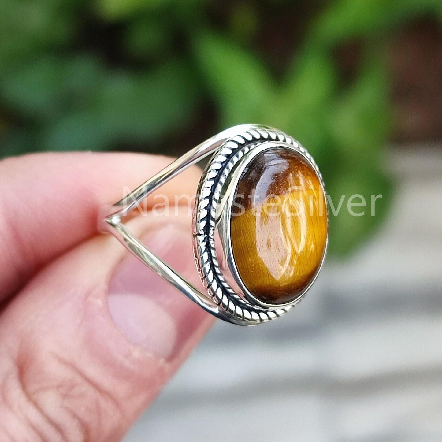 Tiger Eye Ring, 925 Sterling Silver Statement Promise Ring, Natural Tiger's Eye Oval Gemstone Handmade Jewelry, June Birthstone Gift for her