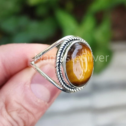 Tiger Eye Ring, 925 Sterling Silver Statement Promise Ring, Natural Tiger's Eye Oval Gemstone Handmade Jewelry, June Birthstone Gift for her