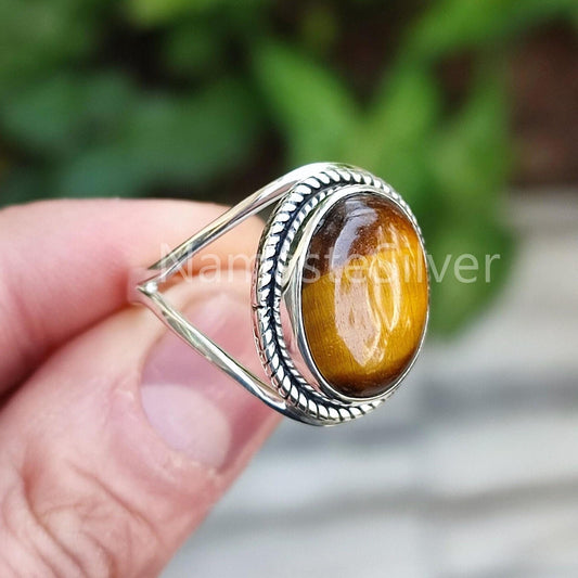 Tiger Eye Ring, 925 Sterling Silver Statement Promise Ring, Natural Tiger's Eye Oval Gemstone Handmade Jewelry, June Birthstone Gift for her