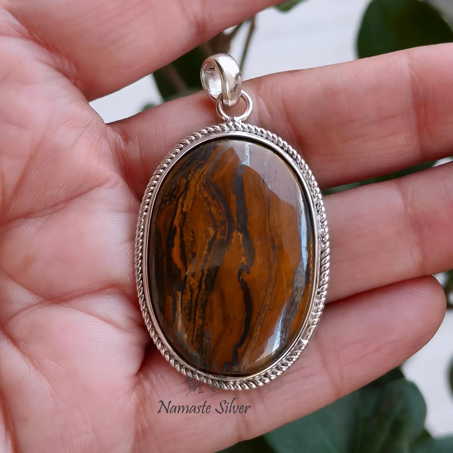 Pendant Tigers Eye, 925 Sterling Silver Locket, Natural Tiger's Eye Oval Gemstone Handmade Boho Jewelry, Unique Birthstone Gift for Her, Him