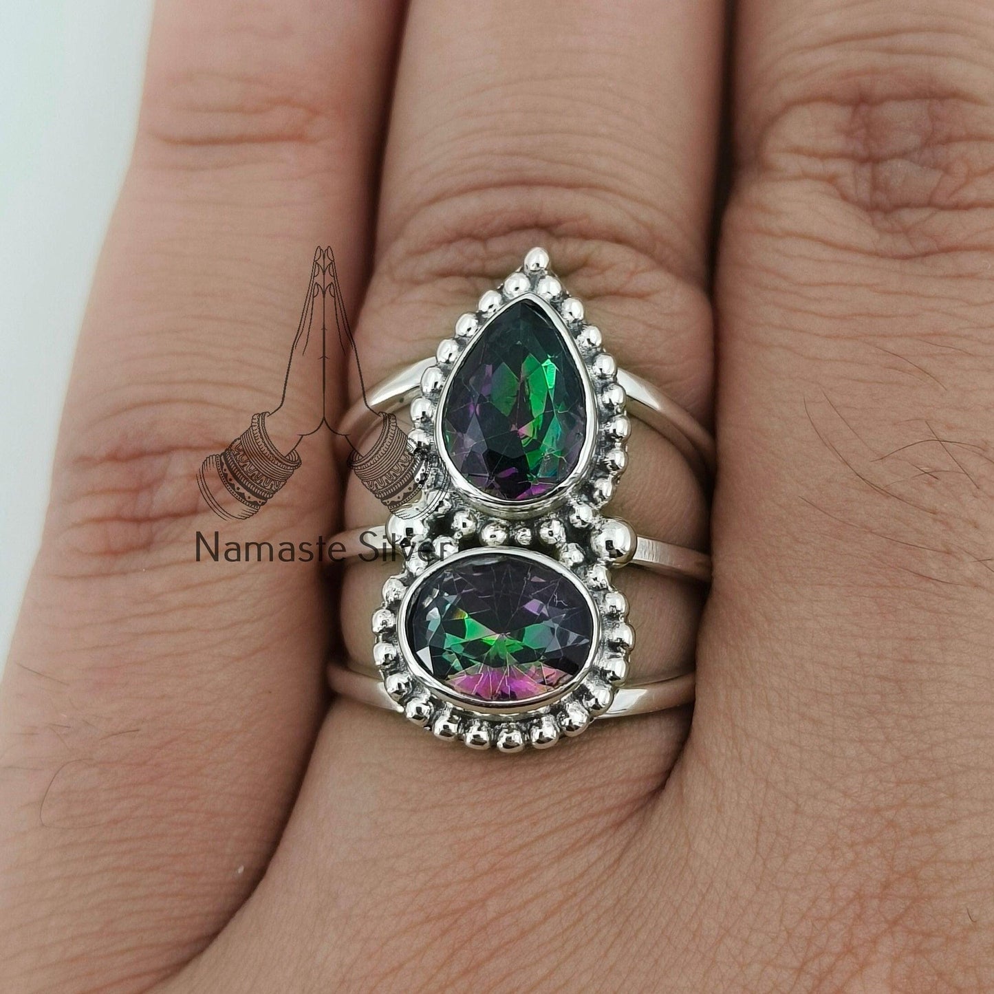 Aurora Mystic Topaz Ring, 925 Sterling Silver Statement Promise Ring, Dual Gemstone Mystic Topaz Handmade Jewelry, Gift for her Anniversary