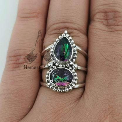 Aurora Mystic Topaz Ring, 925 Sterling Silver Statement Promise Ring, Dual Gemstone Mystic Topaz Handmade Jewelry, Gift for her Anniversary