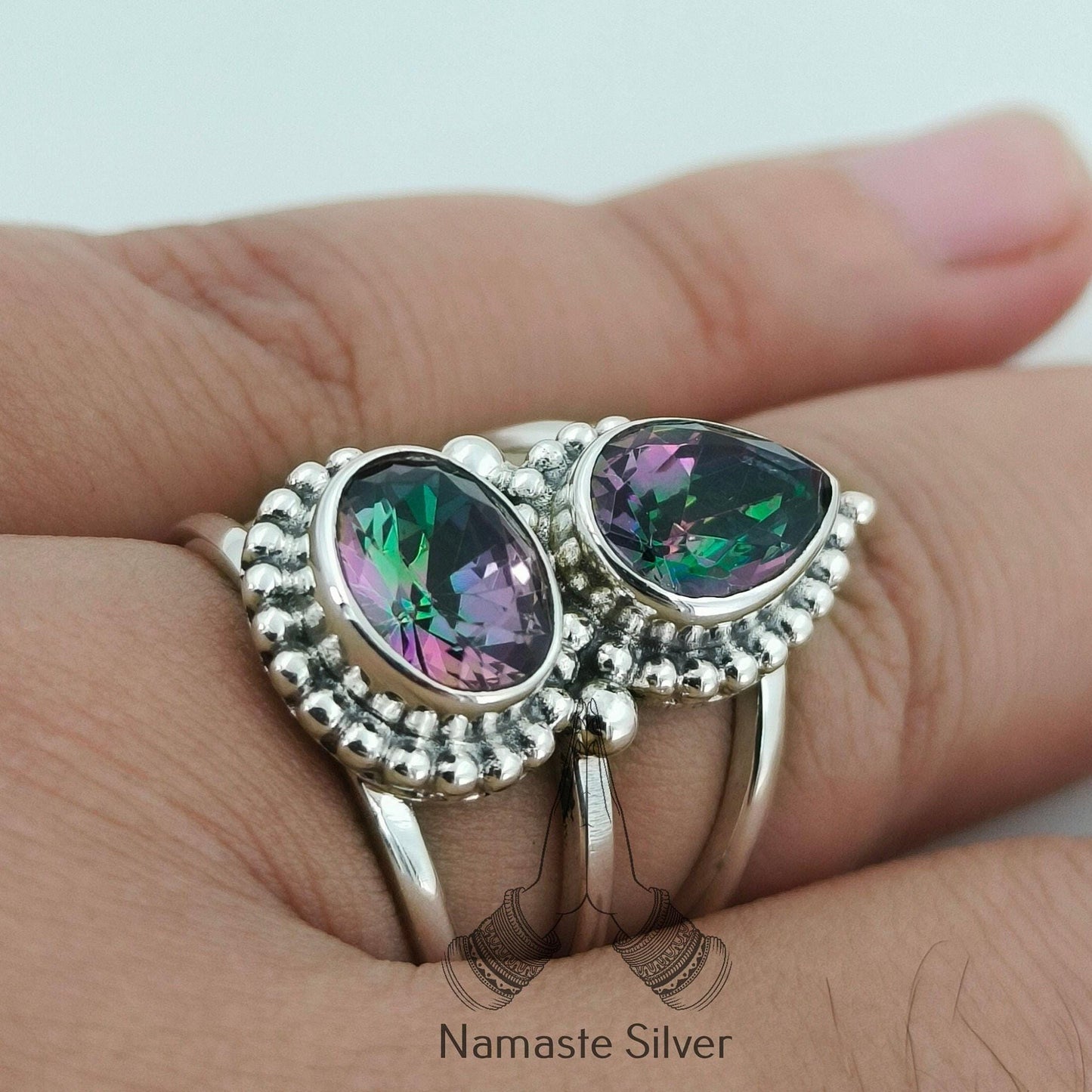 Aurora Mystic Topaz Ring, 925 Sterling Silver Statement Promise Ring, Dual Gemstone Mystic Topaz Handmade Jewelry, Gift for her Anniversary