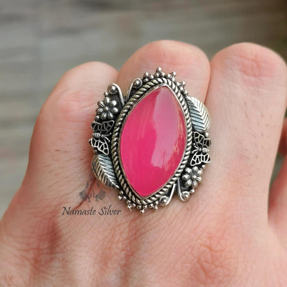 Pink Jade Ring, 925 Sterling Silver Statement Promise Ring, Natural Jade Marquise Gemstone Handmade Designer Jewelry, Unique Gift for her