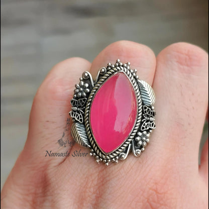Pink Jade Ring, 925 Sterling Silver Statement Promise Ring, Natural Jade Marquise Gemstone Handmade Designer Jewelry, Unique Gift for her