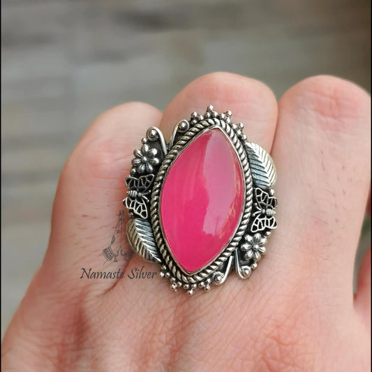 Pink Jade Ring, 925 Sterling Silver Statement Promise Ring, Natural Jade Marquise Gemstone Handmade Designer Jewelry, Unique Gift for her