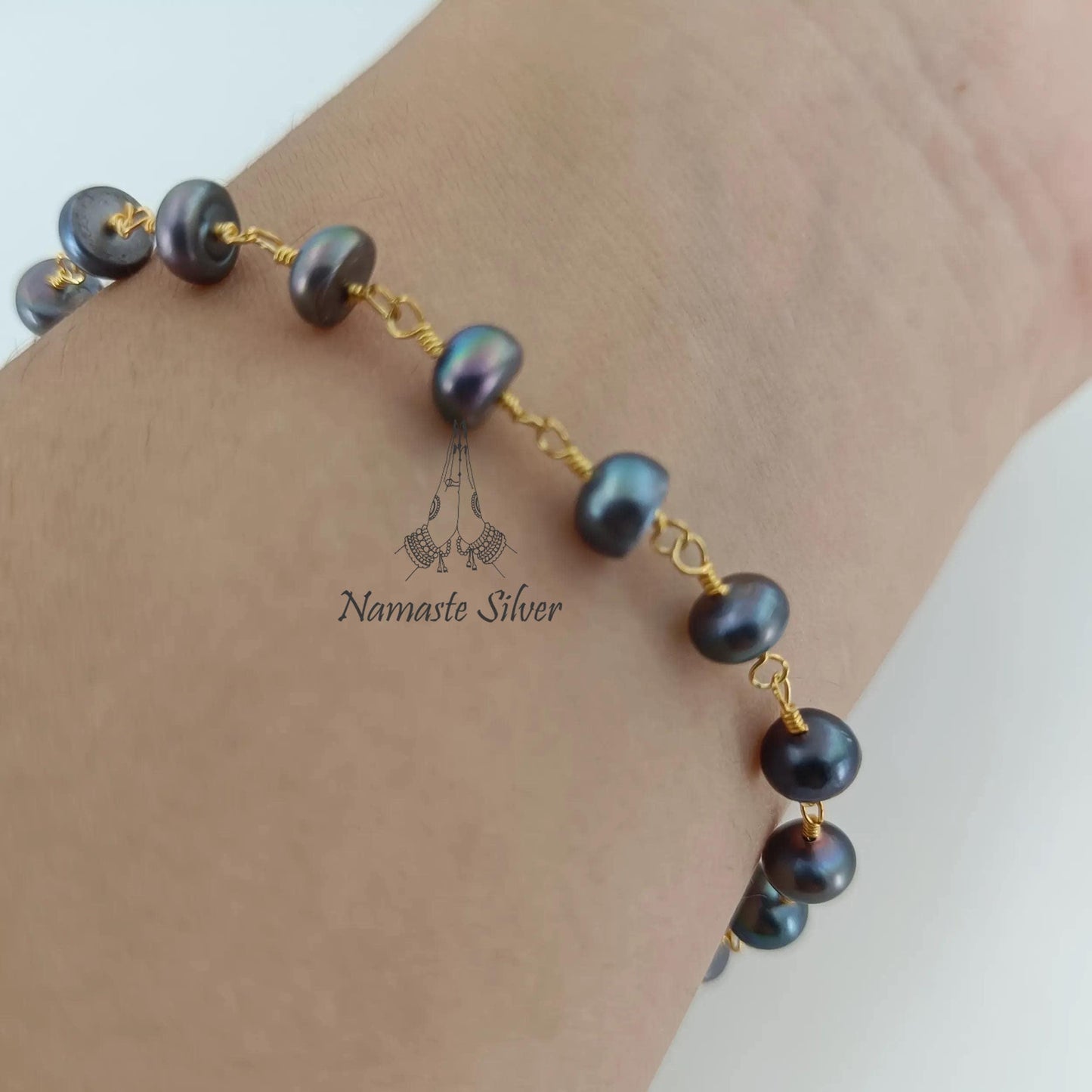 Black Pearl Bracelet, Gold Plated Sterling Silver Beaded Bracelet, Freshwater Black Pearl Handmade Jewelry, Gift for Her, June Birthstone