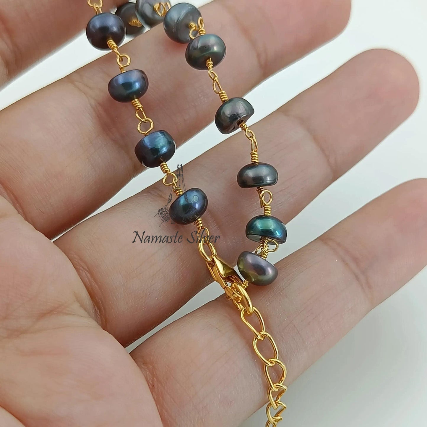 Black Pearl Bracelet, Gold Plated Sterling Silver Beaded Bracelet, Freshwater Black Pearl Handmade Jewelry, Gift for Her, June Birthstone