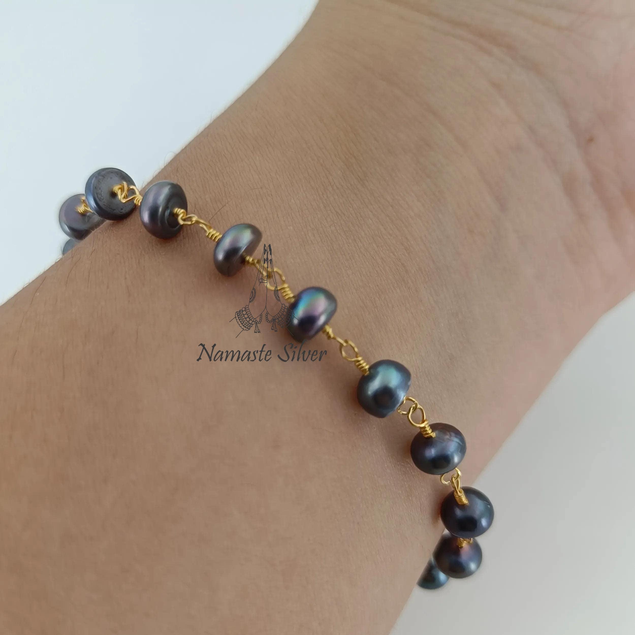 Black Pearl Bracelet, Gold Plated Sterling Silver Beaded Bracelet, Freshwater Black Pearl Handmade Jewelry, Gift for Her, June Birthstone