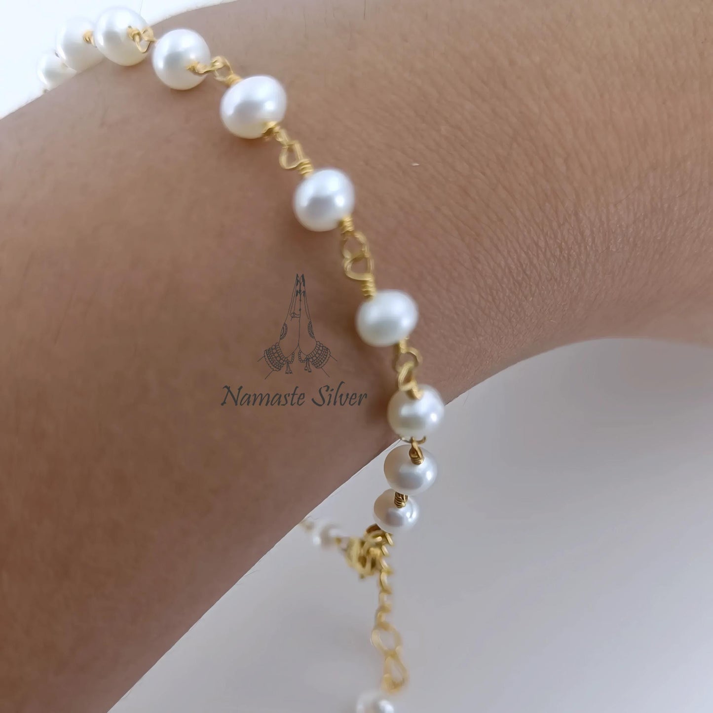 Pearl Bracelet, Gold Plated 925 Sterling Silver Beaded Bracelet, Freshwater Pearl Handmade Jewelry, Unique Gift for Her, June Birthstone