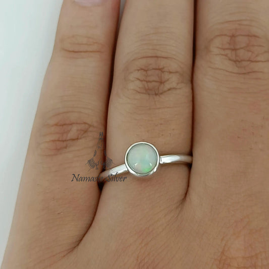 Opal Ring, 925 Sterling Silver Dainty Ring, October Birthstone, Natural Ethiopian Opal Round Gemstone Handmade Jewelry, Unique Gift for Her
