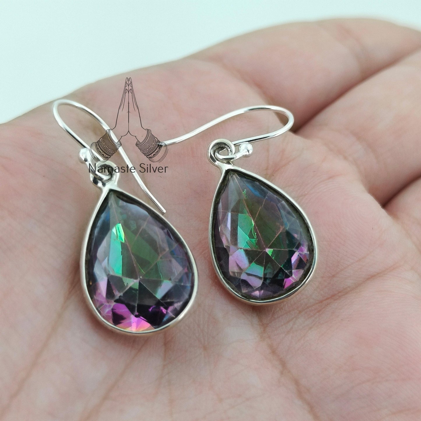 Aurora Mystic Topaz Earrings, 925 Sterling Silver Dangle Earrings, Pear Shape Mystique Topaz Gemstone Handmade Jewelry, Unique Gift For Her
