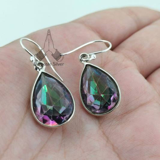 Aurora Mystic Topaz Earrings, 925 Sterling Silver Dangle Earrings, Pear Shape Mystique Topaz Gemstone Handmade Jewelry, Unique Gift For Her
