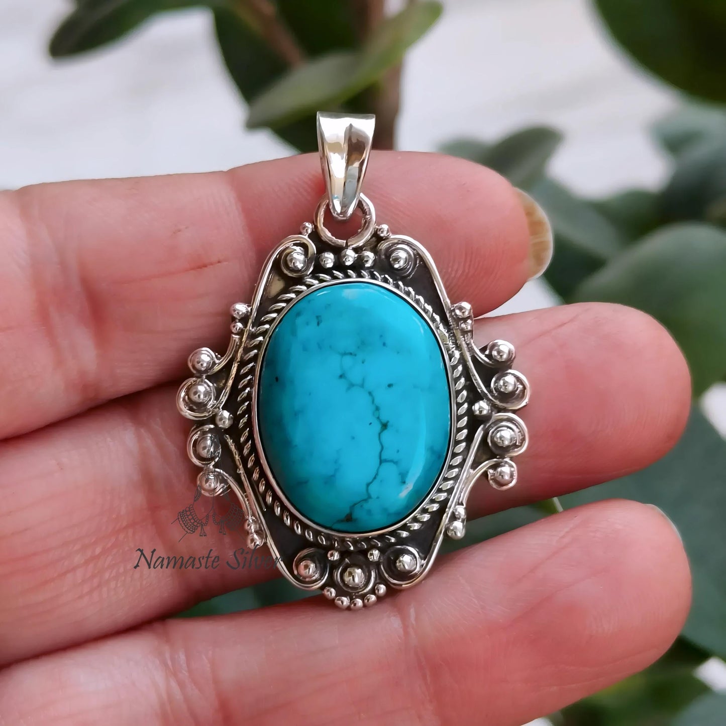 Turquoise Pendant, 925 Sterling Silver Locket, Natural Blue Turquoise Oval Gemstone Handmade Boho Jewelry, Gift For Her, December Birthstone