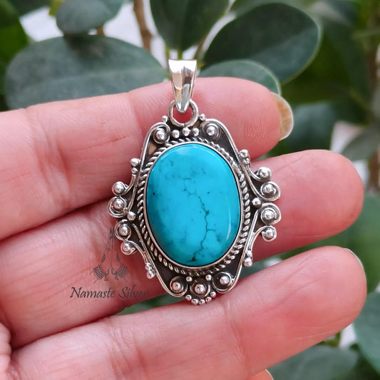 Turquoise Pendant, 925 Sterling Silver Locket, Natural Blue Turquoise Oval Gemstone Handmade Boho Jewelry, Gift For Her, December Birthstone