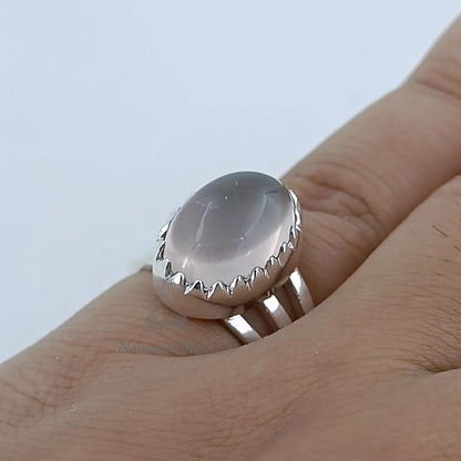 Rose Quartz Ring, 925 Sterling Silver Statement Promise Ring, Natural Pink Gemstone Oval Handmade Jewelry, January Birthstone, Gift for her