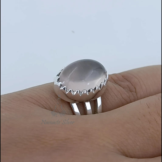 Rose Quartz Ring, 925 Sterling Silver Statement Promise Ring, Natural Pink Gemstone Oval Handmade Jewelry, January Birthstone, Gift for her