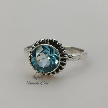 Blue Topaz Ring, 925 Sterling Silver Promise Ring, Natural Blue Topaz Round Gemstone Handmade Jewelry, December Birthstone, Gift for Her