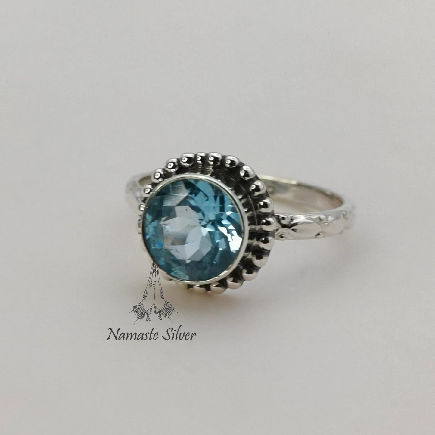 Blue Topaz Ring, 925 Sterling Silver Promise Ring, Natural Blue Topaz Round Gemstone Handmade Jewelry, December Birthstone, Gift for Her