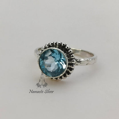 Blue Topaz Ring, 925 Sterling Silver Promise Ring, Natural Blue Topaz Round Gemstone Handmade Jewelry, December Birthstone, Gift for Her