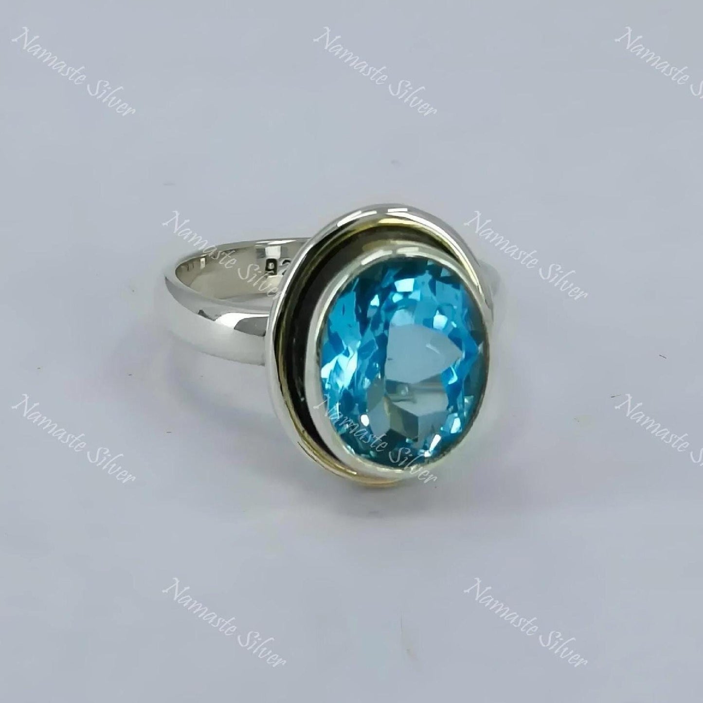 Blue Topaz Ring, 925 Sterling Silver Statement Promise Ring, Natural Topaz Oval Gemstone Handmade Boho Jewelry, December Birthstone Gift