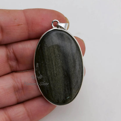 Gold Sheen Obsidian Pendant, 925 Sterling Silver Handmade Locket, Natural Gold Sheen Obsidian Oval Gemstone Jewelry, Unique Gift for Her