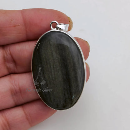 Gold Sheen Obsidian Pendant, 925 Sterling Silver Handmade Locket, Natural Gold Sheen Obsidian Oval Gemstone Jewelry, Unique Gift for Her