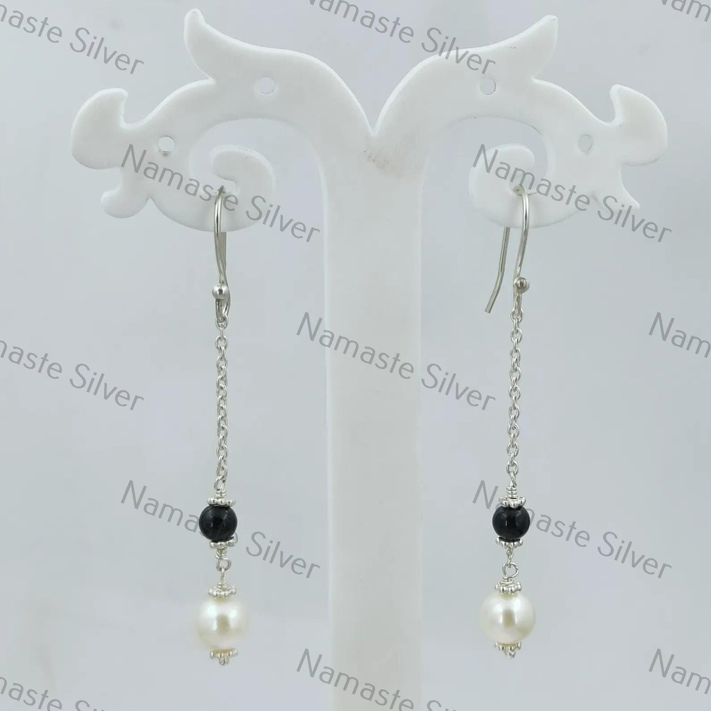 Pearl, Black Onyx Earrings, 925 Sterling Silver Dangle Earrings, Freshwater Pearl Black Onyx Round Beads Handmade Jewelry, Cute Gift for her